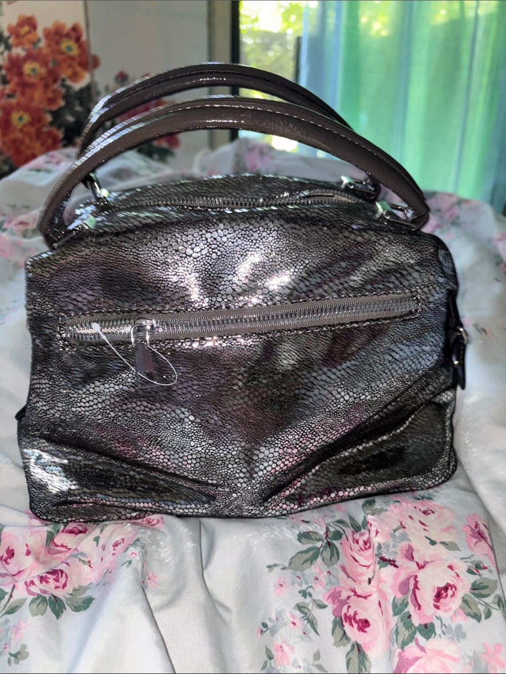 Women's Jeweled Metallic Satchel Handbag - Silver - Picture 4 of 12